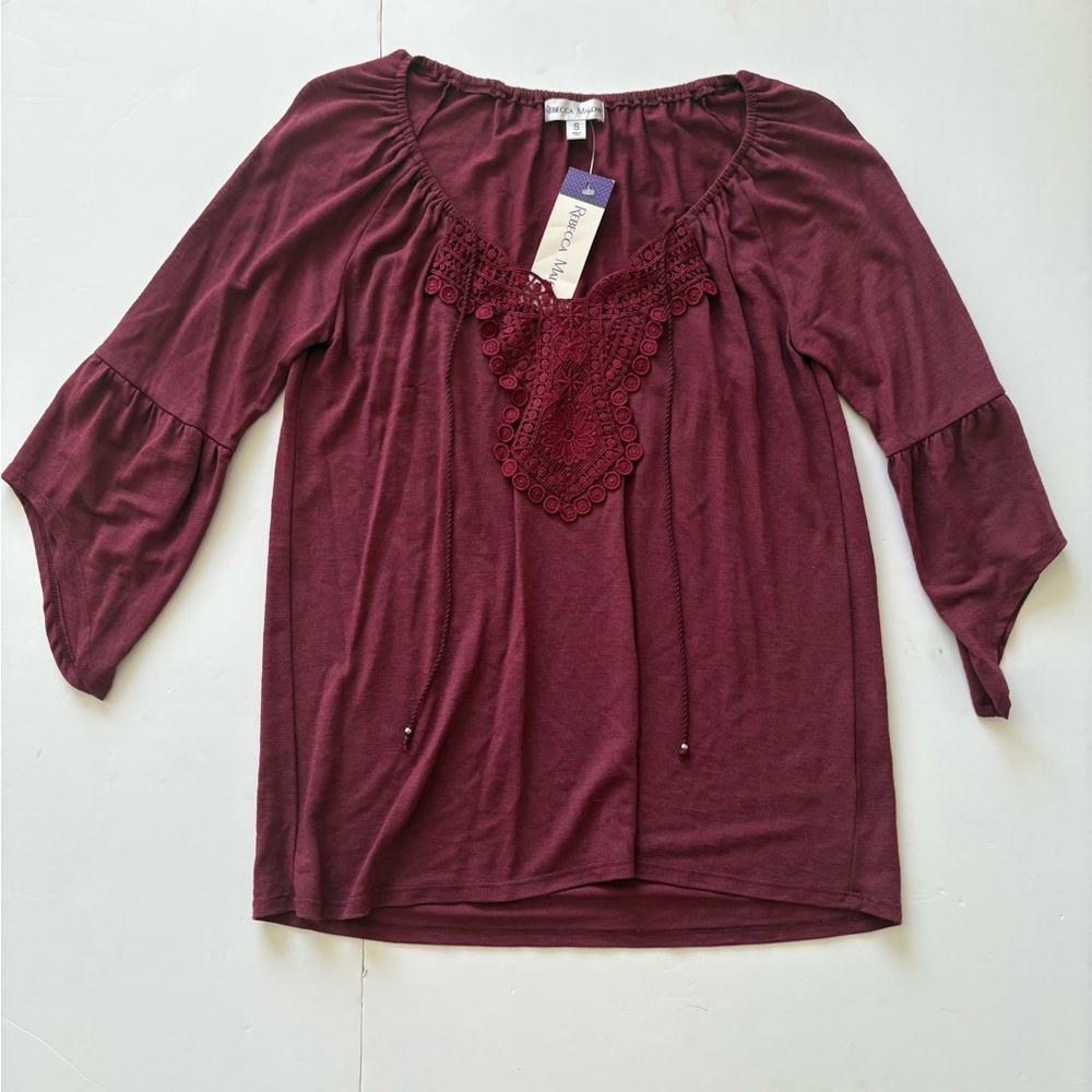 Rebecca Malone Maroon Crochet-Trim Peasant Top Small NWT